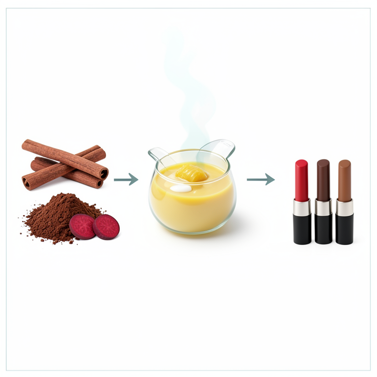 AI-generated conceptual illustration (Red sandalwood sticks, cocoa powder, beetroot slices, and finished lipsticks). It explains the idea and does not show study data.