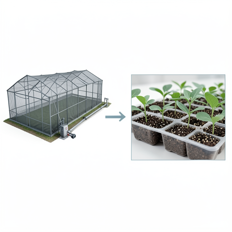 AI-generated conceptual illustration (vegetable seedlings in a commercial polyhouse nursery). It explains the idea and does not show study data.