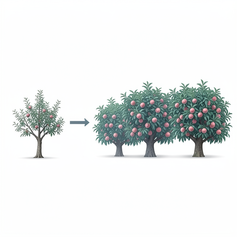 AI-generated conceptual illustration (peach trees). It explains the idea and does not show study data.