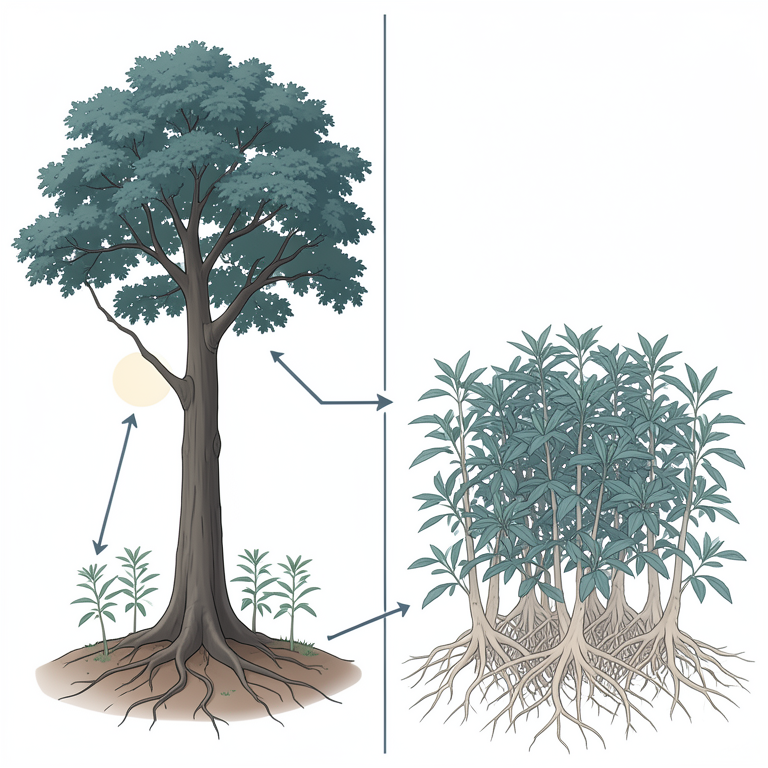 AI-generated conceptual illustration (Shatavari (Asparagus racemosus) plants growing beneath a Teak (Tectona grandis) tree). It explains the idea and does not show study data.