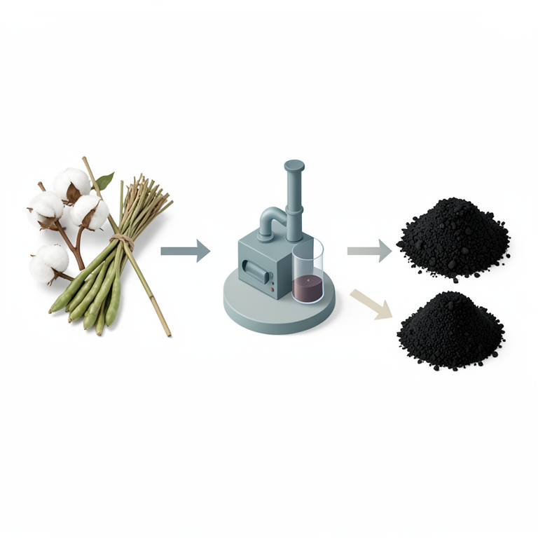 AI-generated conceptual illustration (Cotton stalks, soybean straw, and pigeon pea stalks). It explains the idea and does not show study data.