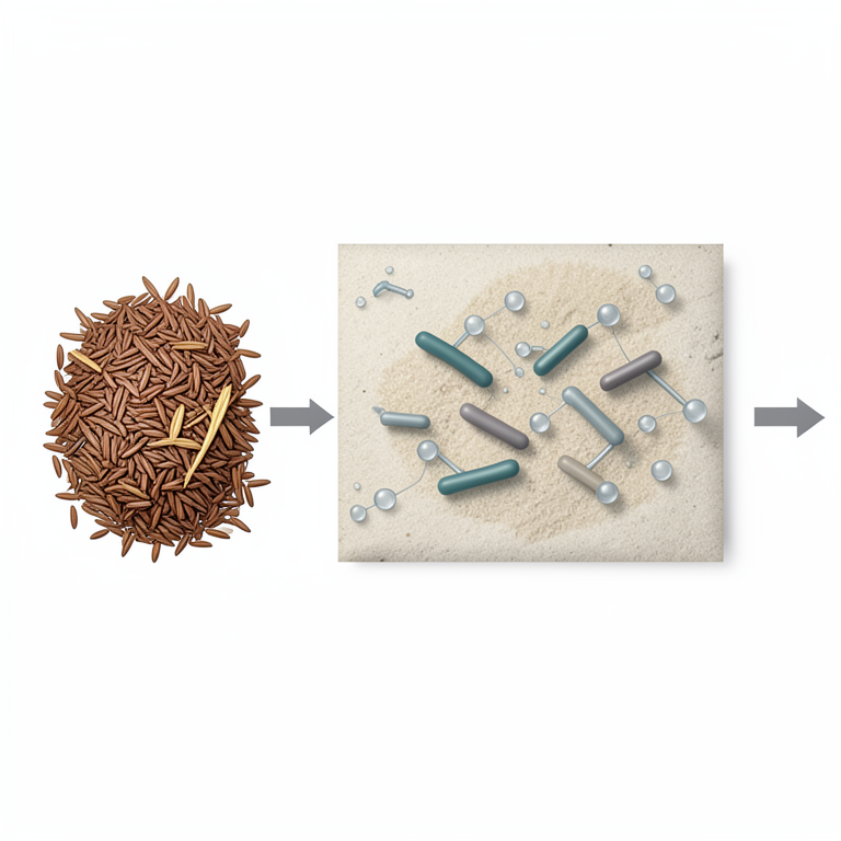 AI-generated conceptual illustration (Bacillus subtilis bacteria on a mixture of rice bran and wheat straw). It explains the idea and does not show study data.