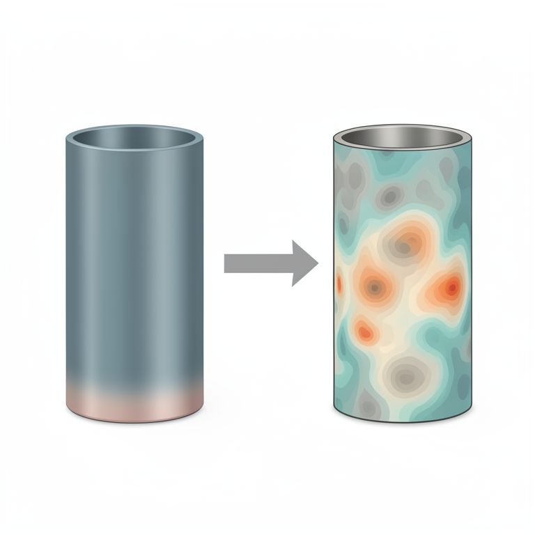 AI-generated conceptual illustration (a solid metal cylinder with a radial gradient of material density). It explains the idea and does not show study data.