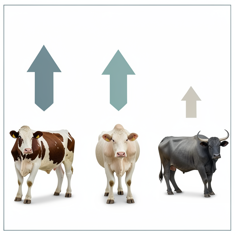 AI-generated conceptual illustration (crossbred cows, non-descript cows, and water buffaloes). It explains the idea and does not show study data.