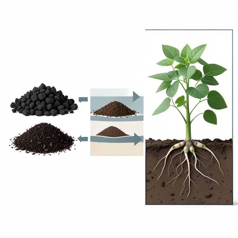AI-generated conceptual illustration (field bean plants in soil with paddy straw biochar and organic amendments). It explains the idea and does not show study data.
