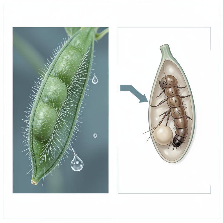 AI-generated conceptual illustration (Chickpea plants (Cicer arietinum) and Helicoverpa armigera larvae). It explains the idea and does not show study data.