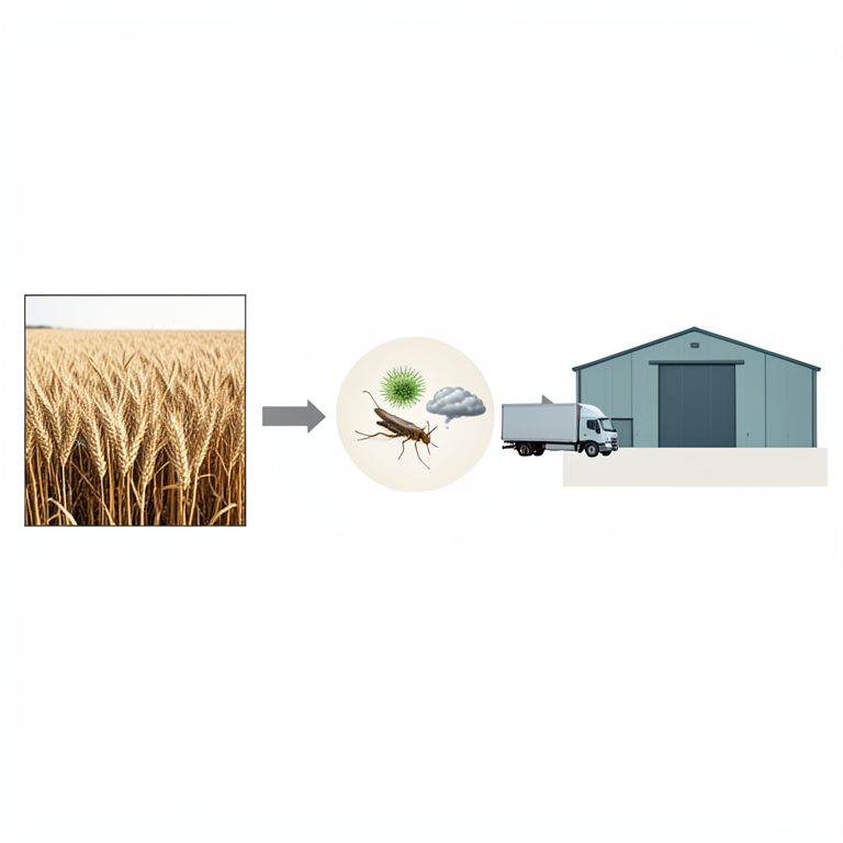 AI-generated conceptual illustration (Agricultural supply chain from wheat fields to a distribution warehouse). It explains the idea and does not show study data.