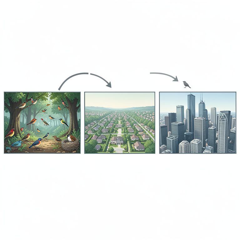 AI-generated conceptual illustration (various bird species across a rural-to-urban landscape gradient). It explains the idea and does not show study data.