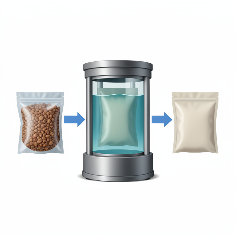 AI-generated conceptual illustration (raw dog food in vacuum-sealed plastic packaging inside a high-pressure processing chamber). It explains the idea and does not show study data.