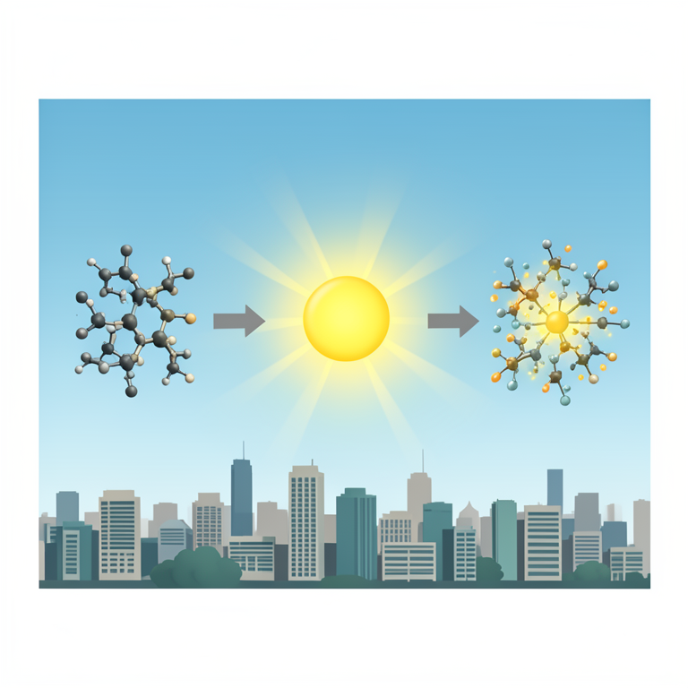 AI-generated conceptual illustration (Atmospheric gases and sunlight in a city skyline setting). It explains the idea and does not show study data.