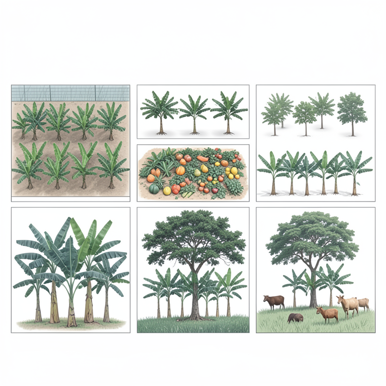 AI-generated conceptual illustration (banana plants in agroforestry systems). It explains the idea and does not show study data.