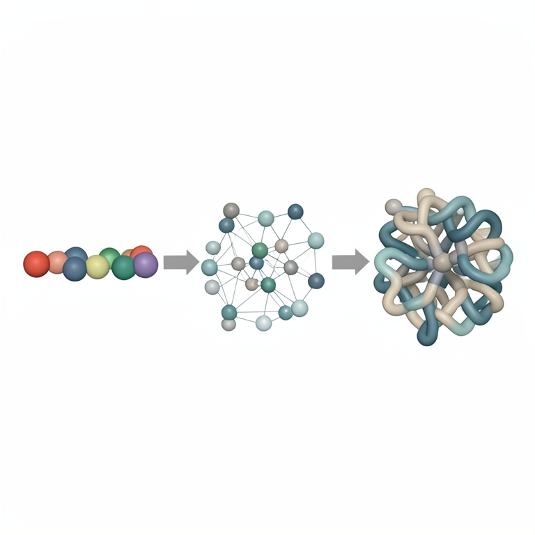 AI-generated conceptual illustration (protein amino acid sequences and secondary structure folds). It explains the idea and does not show study data.