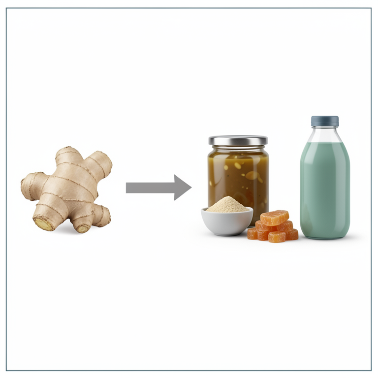 AI-generated conceptual illustration (Ginger rhizomes and processed ginger products). It explains the idea and does not show study data.