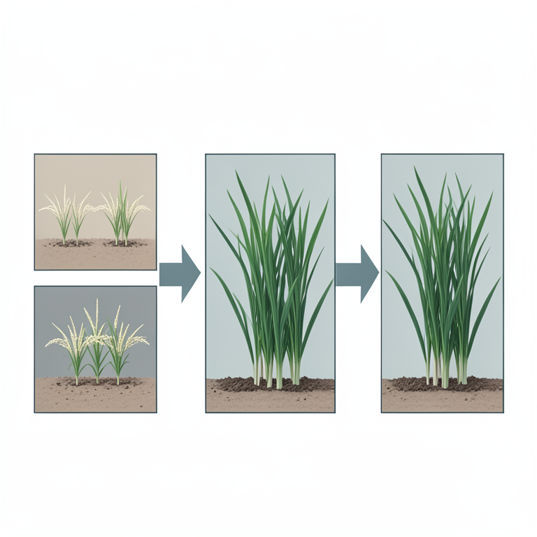AI-generated conceptual illustration (transplanted rice plants (Oryza sativa L.)). It explains the idea and does not show study data.