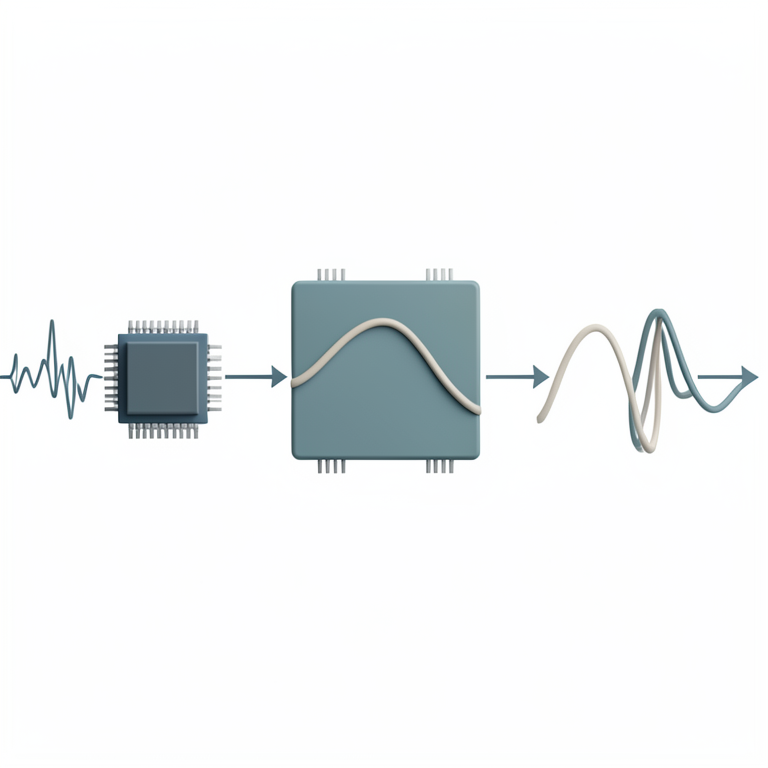 AI-generated conceptual illustration (A digital signal processing circuit board with a central microprocessor and oscillating wave patterns). It explains the idea and does not show study data.