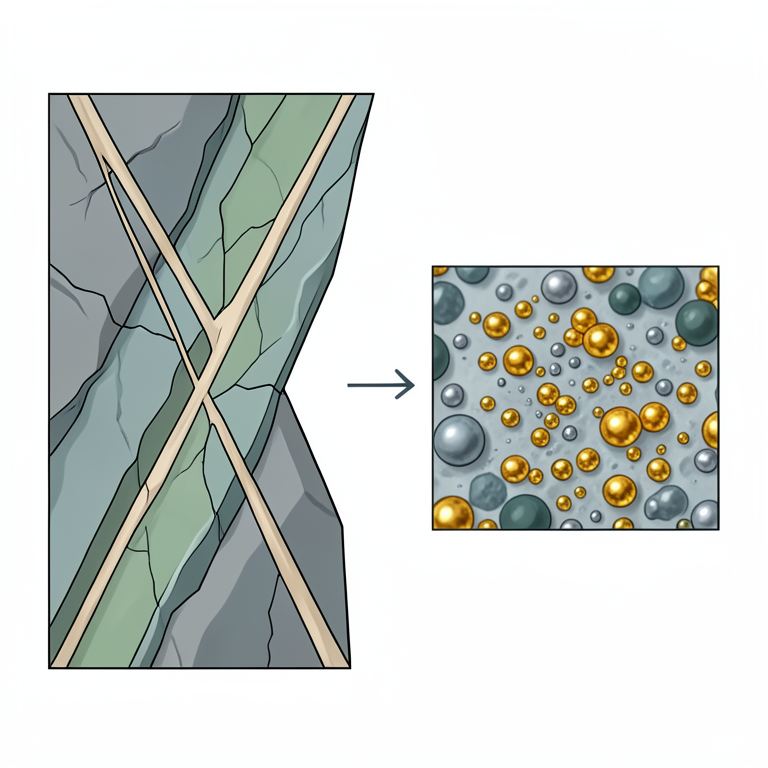 AI-generated conceptual illustration (Gold-bearing quartz veins within a metamorphic greenstone belt shear zone). It explains the idea and does not show study data.