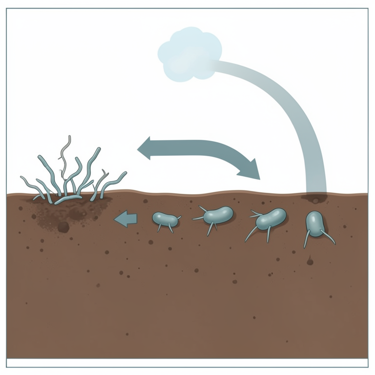 AI-generated conceptual illustration (Soil bacteria in a subterranean soil profile). It explains the idea and does not show study data.