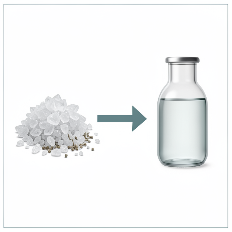 AI-generated conceptual illustration (Choline chloride salt crystals and urea molecules in a glass vial). It explains the idea and does not show study data.