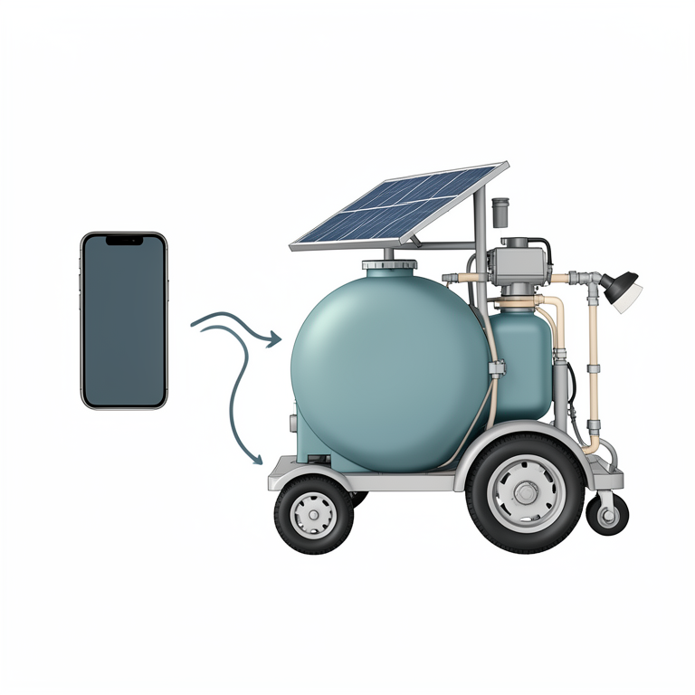 AI-generated conceptual illustration (remote-controlled pesticide sprayer trolley). It explains the idea and does not show study data.