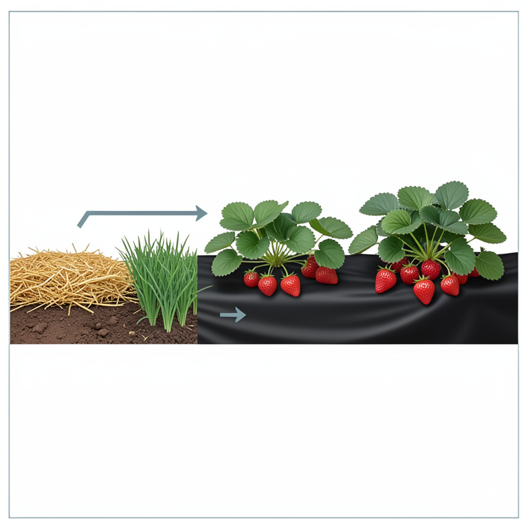 AI-generated conceptual illustration (Strawberry plants (Fragaria × ananassa Duch.) cv. Winter Dawn). It explains the idea and does not show study data.