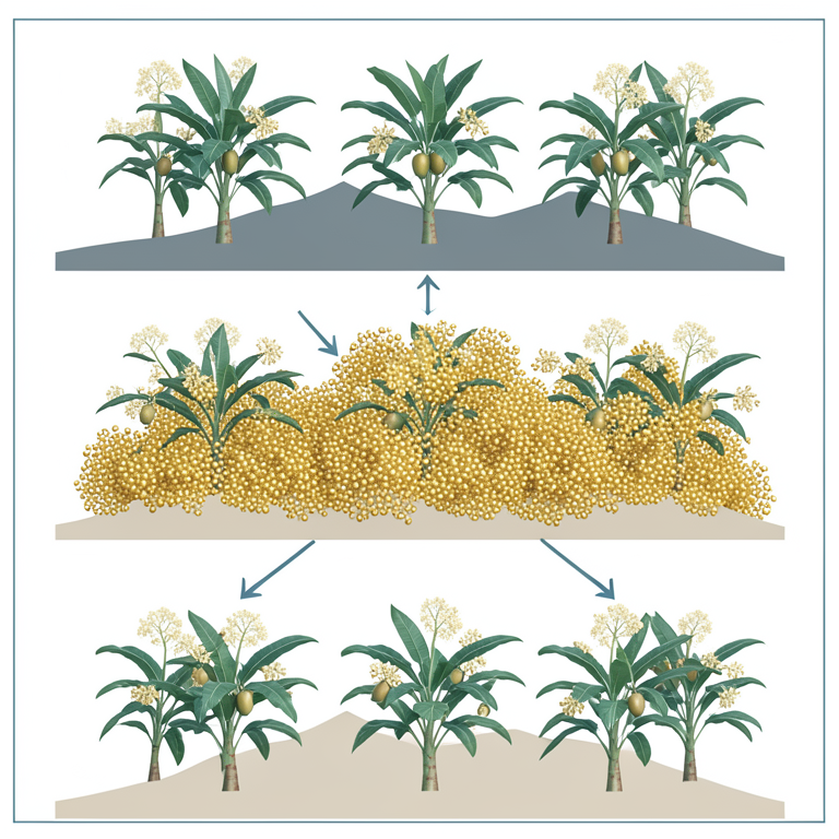 AI-generated conceptual illustration (Nendran banana plants in a mountain landscape). It explains the idea and does not show study data.