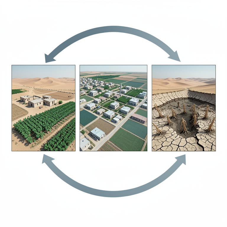 AI-generated conceptual illustration (Thar desert semi-arid landscape with tube-wells and crops). It explains the idea and does not show study data.