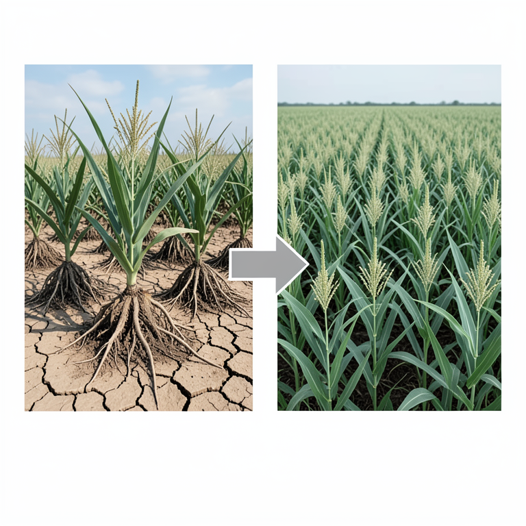 AI-generated conceptual illustration (Pearl millet and sorghum crops in the Sahel region). It explains the idea and does not show study data.