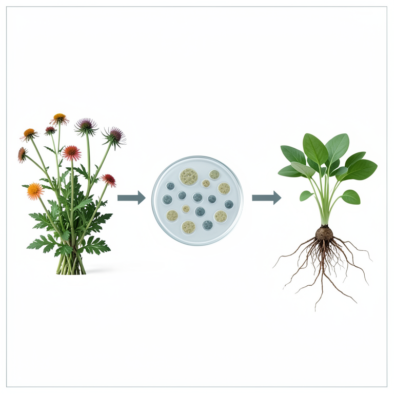 AI-generated conceptual illustration (Parthenium hysterophorus and Portulaca oleracea plants, bacterial colonies in petri dishes, and young seedlings). It explains the idea and does not show study data.