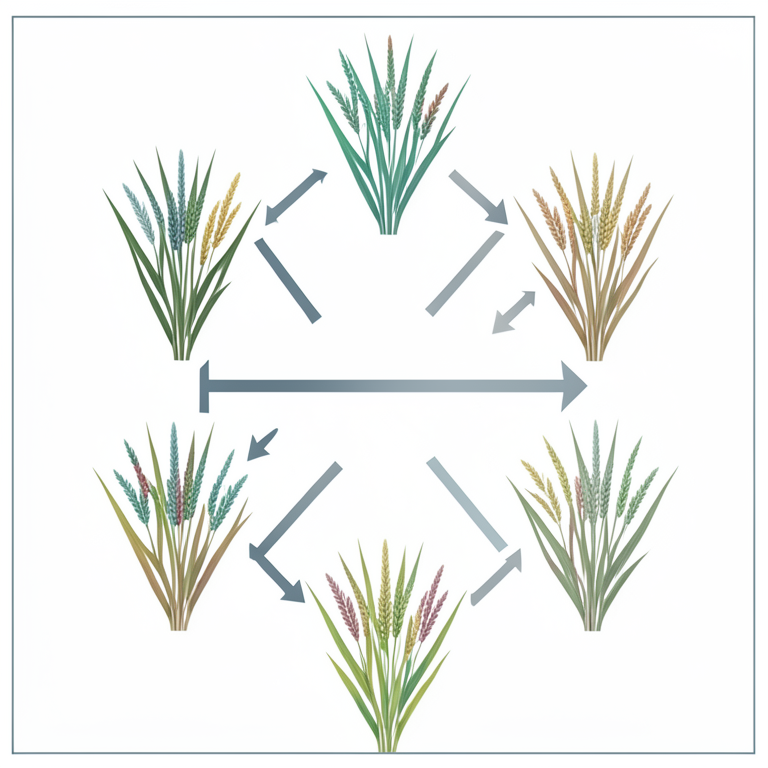 AI-generated conceptual illustration (rice plants (Oryza sativa L.)). It explains the idea and does not show study data.