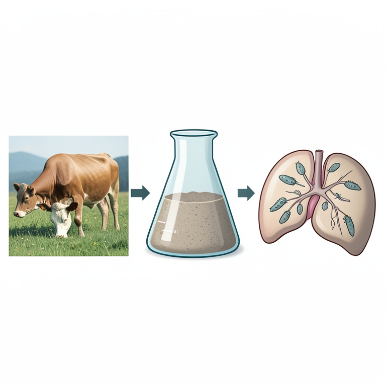 AI-generated conceptual illustration (Bovine cattle and Fasciola hepatica liver flukes). It explains the idea and does not show study data.