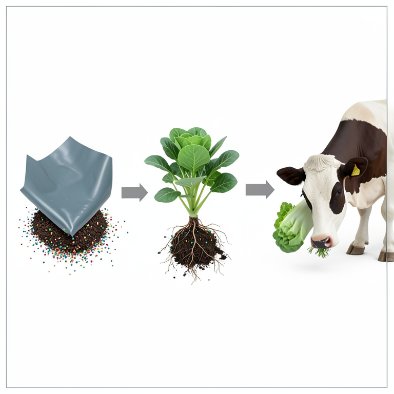 AI-generated conceptual illustration (Agricultural soil, lettuce plants, and a cow). It explains the idea and does not show study data.