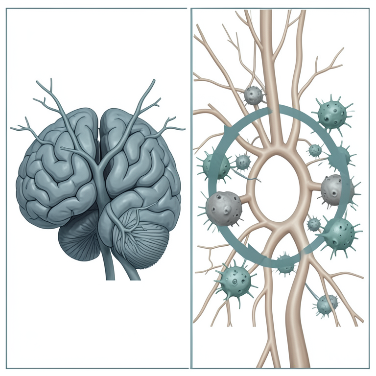AI-generated conceptual illustration (human brain microvasculature and glial cells). It explains the idea and does not show study data.