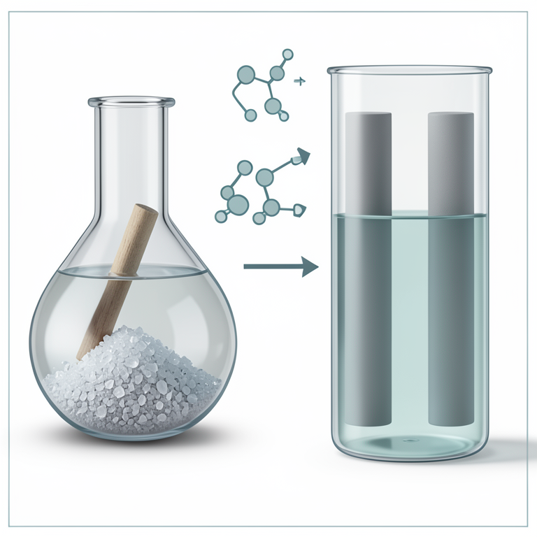 AI-generated conceptual illustration (Phenol molecules in a chemical flask and an electrochemical cell with boron-doped diamond electrodes). It explains the idea and does not show study data.