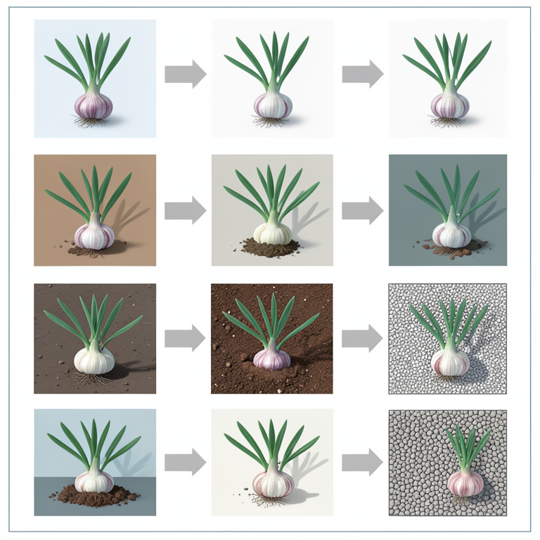 AI-generated conceptual illustration (garlic plants (Allium sativum L.)). It explains the idea and does not show study data.