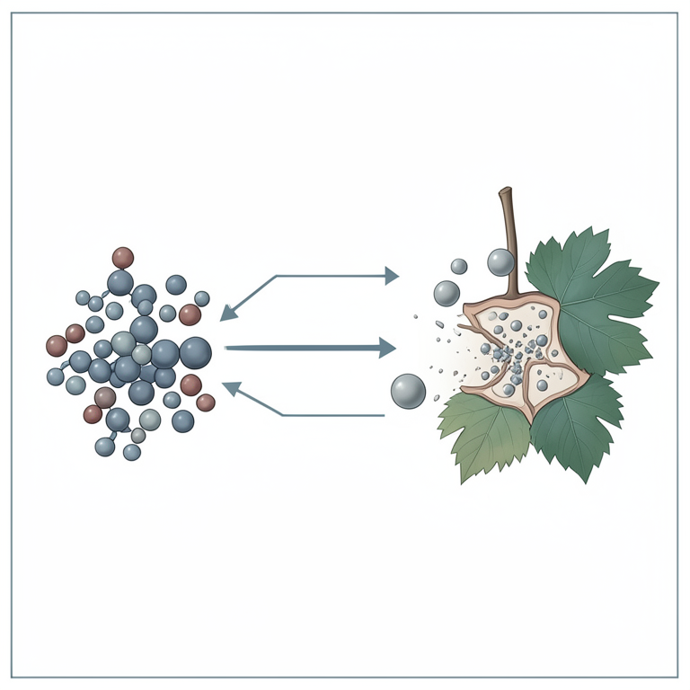 AI-generated conceptual illustration (Phomopsis viticola fungus and grape leaf tissue). It explains the idea and does not show study data.