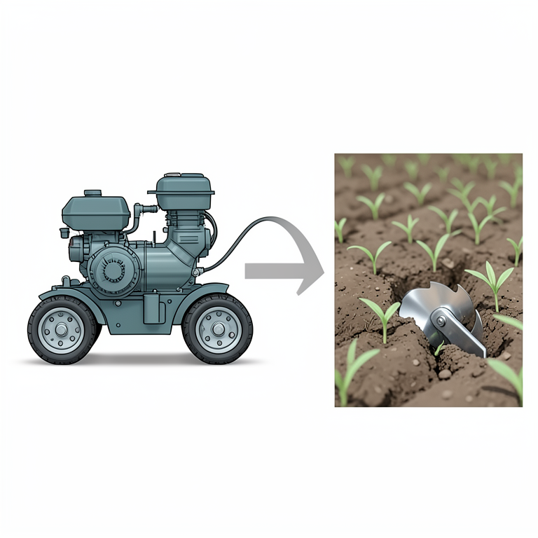 AI-generated conceptual illustration (self-propelled mini rotary weeder in a crop field). It explains the idea and does not show study data.