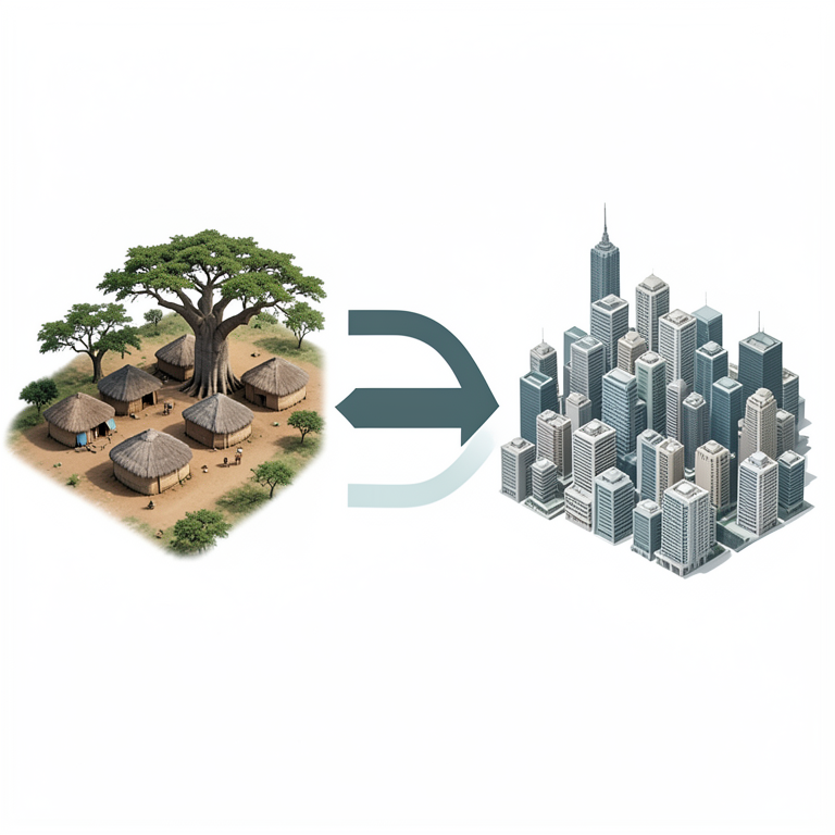 AI-generated conceptual illustration (A rural village in Burkina Faso and a modern West African city). It explains the idea and does not show study data.