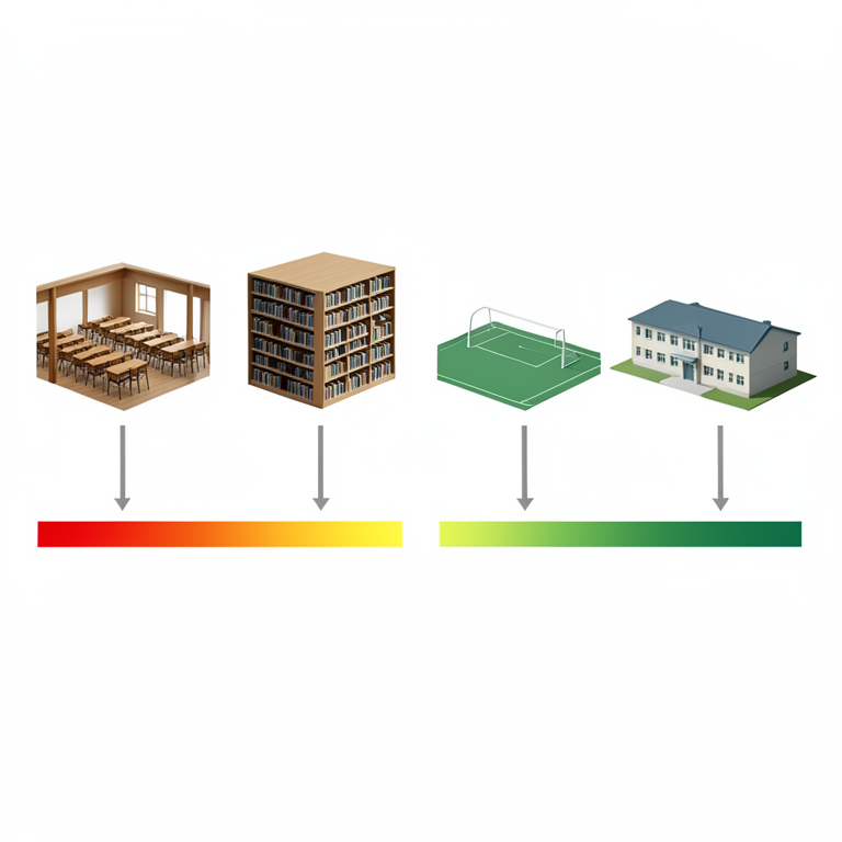 AI-generated conceptual illustration (University campus facilities including a lecture hall, a library, a sports field, and a dormitory building). It explains the idea and does not show study data.