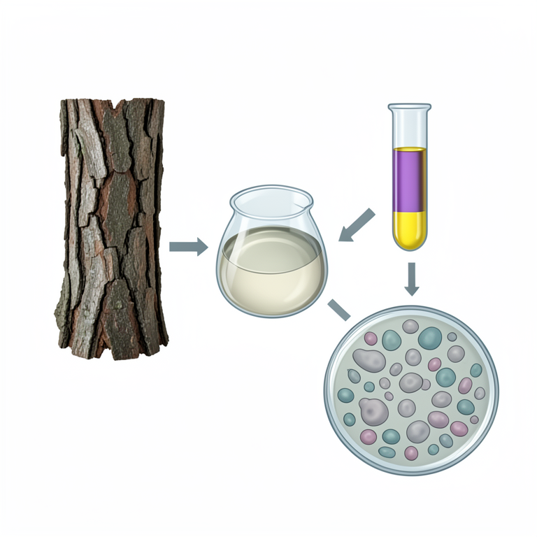 AI-generated conceptual illustration (Beilschmiedia palembanica bark and cancer cell cultures). It explains the idea and does not show study data.