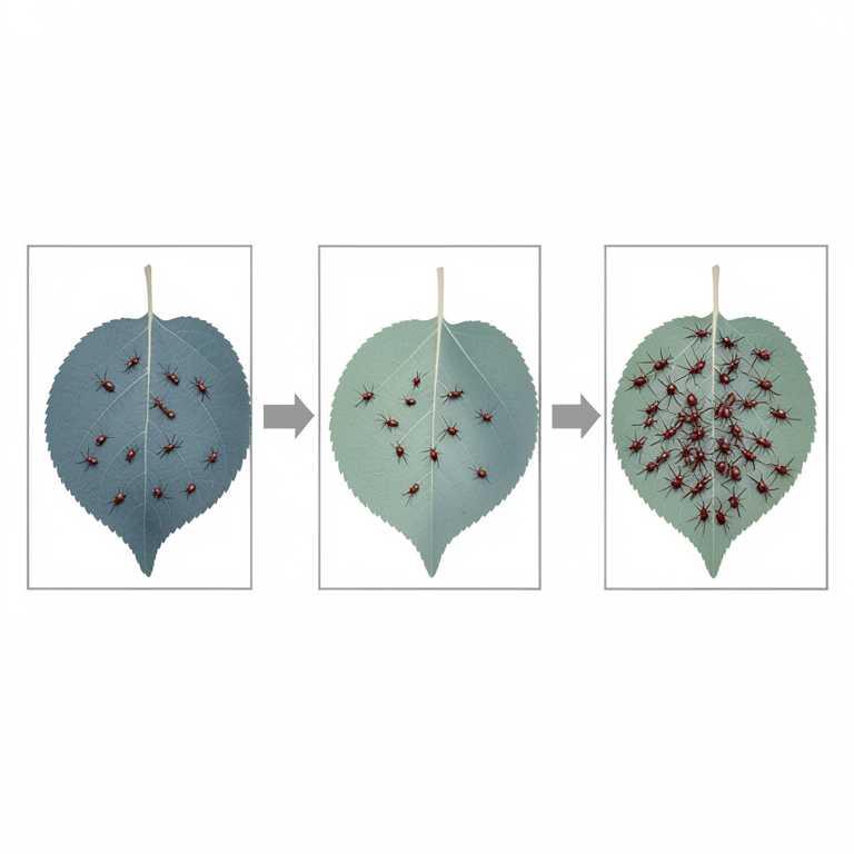 AI-generated conceptual illustration (apple red mite (Panonychus ulmi) on apple leaves). It explains the idea and does not show study data.