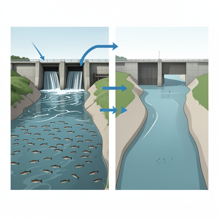 AI-generated conceptual illustration (native riverine fish and a river with a concrete barrage). It explains the idea and does not show study data.