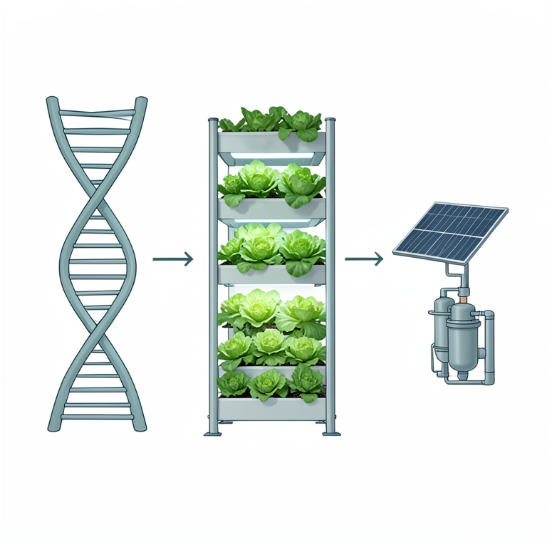 AI-generated conceptual illustration (Lettuce plants in a vertical hydroponic farm). It explains the idea and does not show study data.