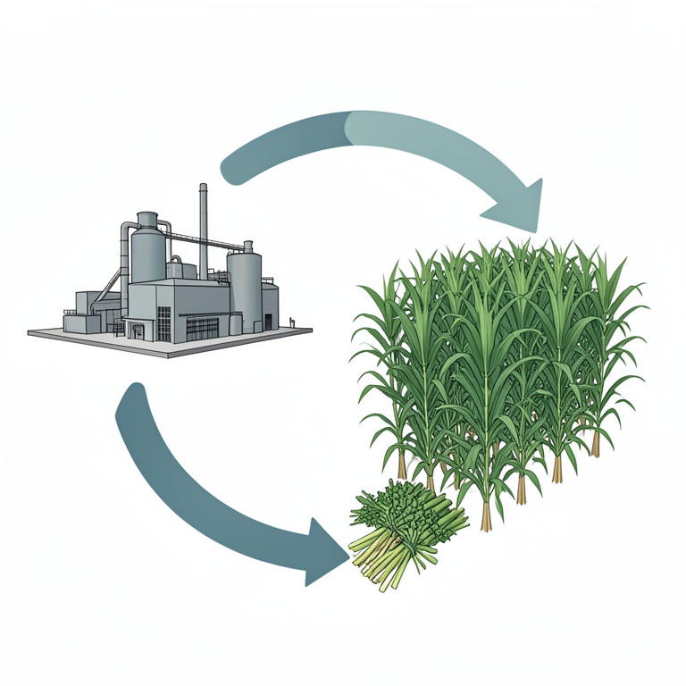 AI-generated conceptual illustration (Sugarcane plants and a sugar processing factory). It explains the idea and does not show study data.