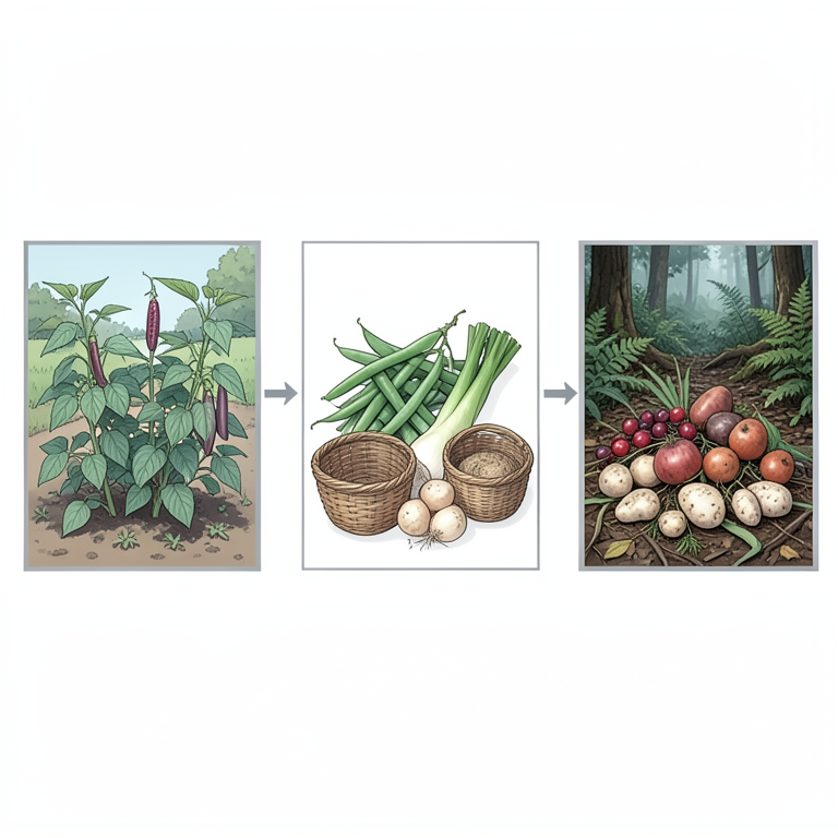 AI-generated conceptual illustration (Indigenous crops (horsegram, pigeon pea, French beans, arrowroot, taro) and wild forest plants in a rural Odisha setting). It explains the idea and does not show study data.