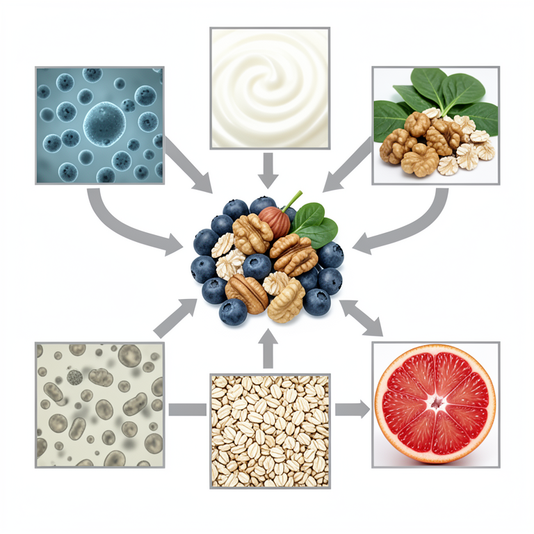 AI-generated conceptual illustration (Assorted whole foods including blueberries, walnuts, yogurt, oats, and green leafy vegetables). It explains the idea and does not show study data.