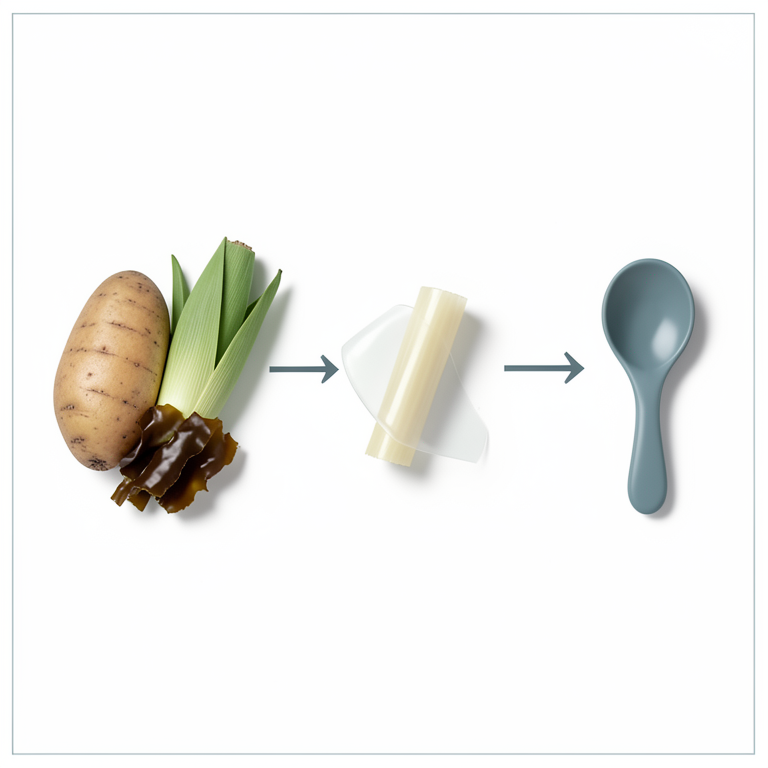 AI-generated conceptual illustration (Potato tubers, corn husks, and brown seaweed). It explains the idea and does not show study data.