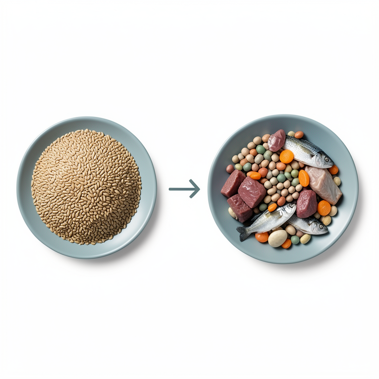 AI-generated conceptual illustration (Assorted food groups including grains, meat, fish, pulses, dairy, and vitamin A-rich fruits). It explains the idea and does not show study data.