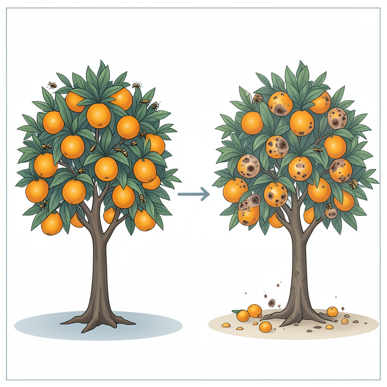 AI-generated conceptual illustration (orange trees in an orchard). It explains the idea and does not show study data.