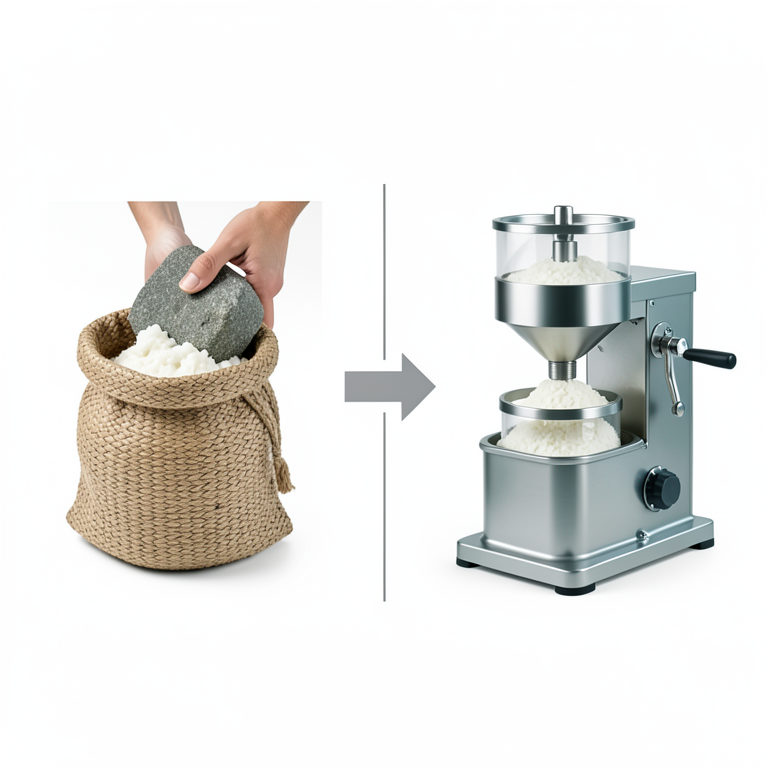 AI-generated conceptual illustration (Cassava pulp and a mechanical screw press machine). It explains the idea and does not show study data.