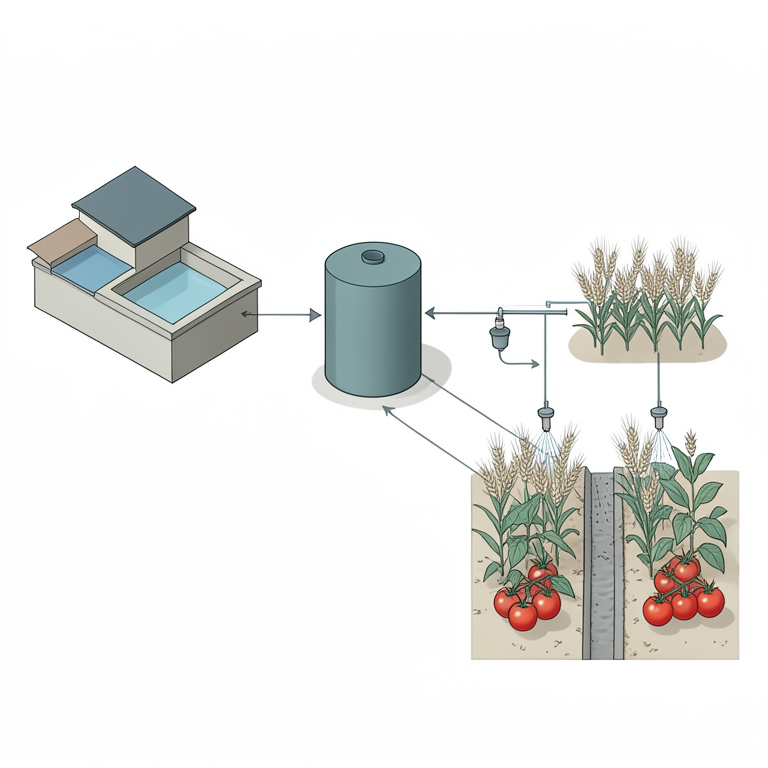 AI-generated conceptual illustration (Water harvesting structures, drip and furrow irrigation systems, wheat plants, and tomato plants in an arid landscape). It explains the idea and does not show study data.